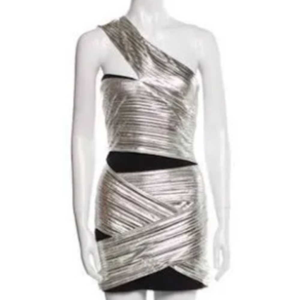 $1500 David Koma Silver Lamé and Black One-Shoulder mini bodycon Dress